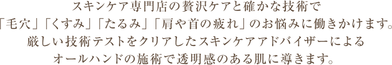 スキンケア専門店の贅沢ケアと確かな技術で「毛穴」「くすみ」「たるみ」「肩や首の疲れ」のお悩みに働きかけます。厳しい技術テストをクリアしたスキンケアアドバイザーによるオールハンドの施術で透明感のある肌に導きます。