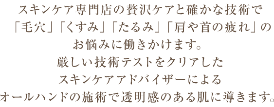 スキンケア専門店の贅沢ケアと確かな技術で「毛穴」「くすみ」「たるみ」「肩や首の疲れ」のお悩みに働きかけます。厳しい技術テストをクリアしたスキンケアアドバイザーによるオールハンドの施術で透明感のある肌に導きます。
