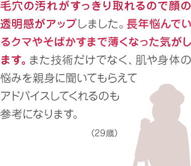 毛穴の汚れがすっきり取れるので顔の透明度がアップしました。